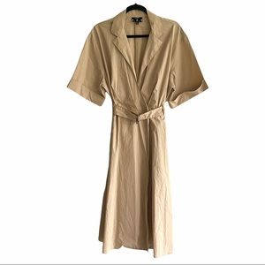 LORD & TAYLOR 424 FIFTH Cotton Short Sleeve Midi Wrap Dress With Belt Camel 14